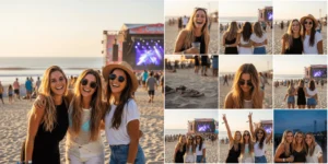 Two side by side images. The left image shows three girls posing at a beach music festival. The right image is a 3x3 grid showing additional photos of these girls at the festival.