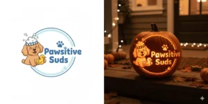 Two side-by-side images. The left image shows a logo for "Pawsitive Suds" comprising a sudsy cartoon dog with a rubber duck and the company name written in blue. In the right image, this logo is carved onto a pumpkin that's sitting on a dimly lit front porch.