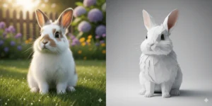 Two side-by-side images. The left shows a cute white bunny in a garden. The right shows this bunny rendered using paper.