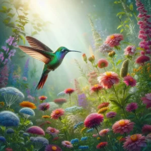 AI-generator image from Bing Image Creator with a hummingbird hovering over brightly-colored wildflowers