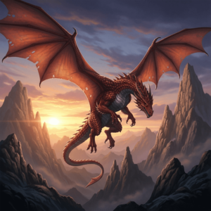Digital painting of a large red dragon with detailed scales soaring above rocky mountains at sunset