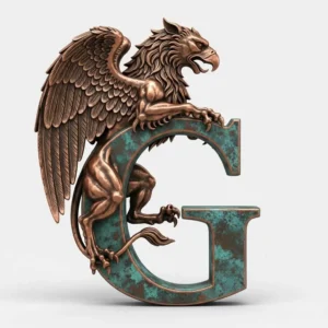 Quillbot generated image of a patina copper, 3D capital G with a griffin clutching the top and side