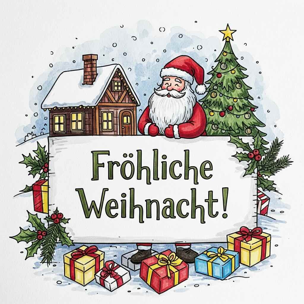 Fröhliche Weihnacht: Zeichnung vom Weihnachtsmann mit Geschenken