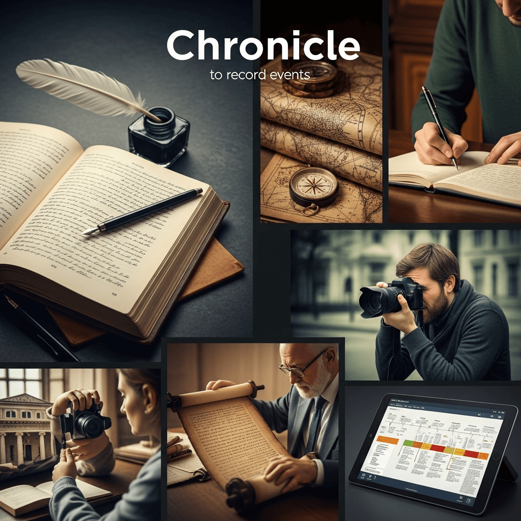 An AI-generated image featuring the word "chronicle," its definition, and related images
