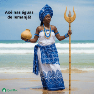 A imagem de uma mulher negra com uma cabaça na mão direita e um tridente na mão esquerda, com a frase: Axé nas águas de Iemanjá!