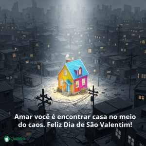A imagem de uma casa colorida no meio de um centro urbano caótico e cinza, com a frase: Amar você é encontrar casa no meio do caos. Feliz Dia de São Valentim!