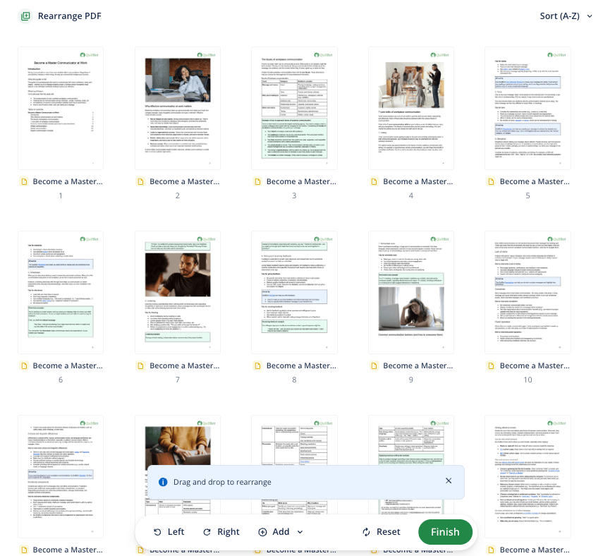A screenshot of the QuillBot's Reorder PDF tool, showing thumbnails representing each page in the PDF.