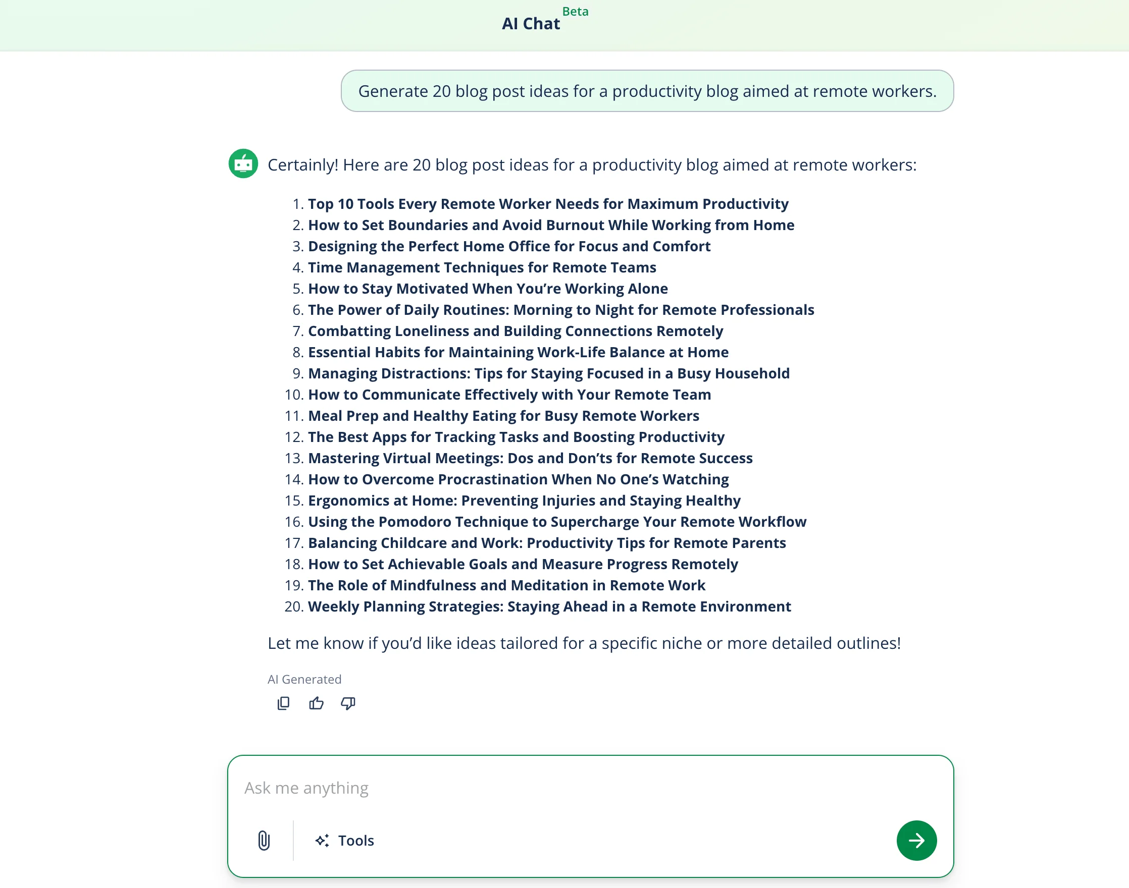 A screenshot of Quillbot's AI Chat giving ideas for blog posts about remote work