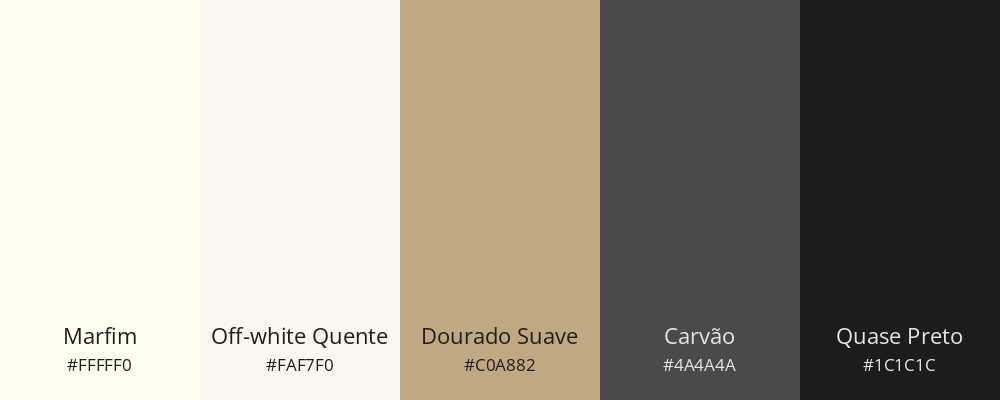 Paleta de cores em combinação contrastante: marfim, off-white quente, dourado suave, carvão e quase preto.