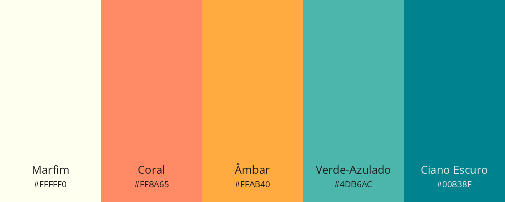 Paleta de cores em combinação complementar dividida: marfim, coral, âmbar, verde-azulado e ciano escuro.