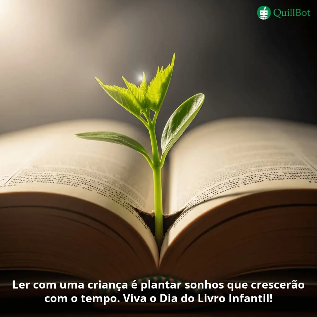 A imagem de uma planta brotando do meio das páginas de um lviro aberto, e a frase: Ler com uma criança é plantar sonhos que crescerão com o tempo. Viva o Dia do Livro Infantil!