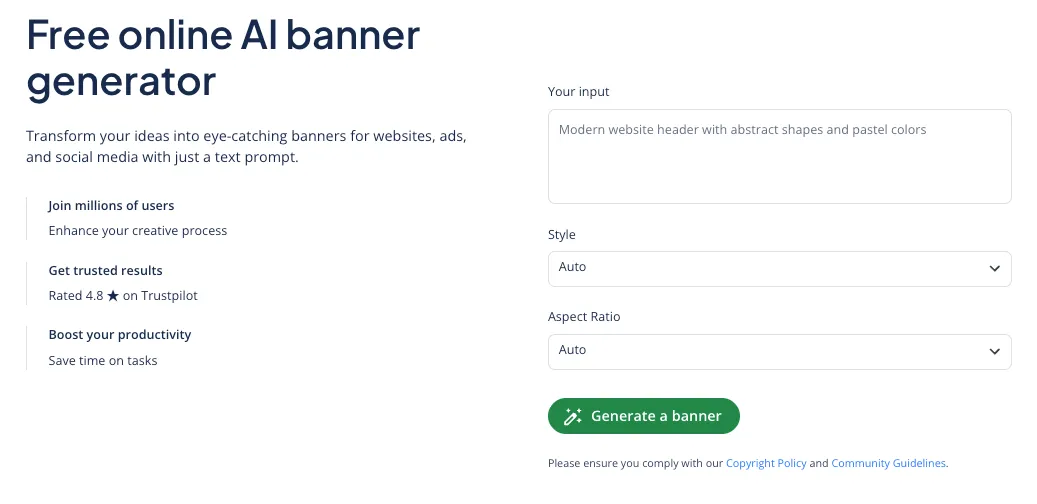 A screenshot of the interface for Quillbot's AI banner generator