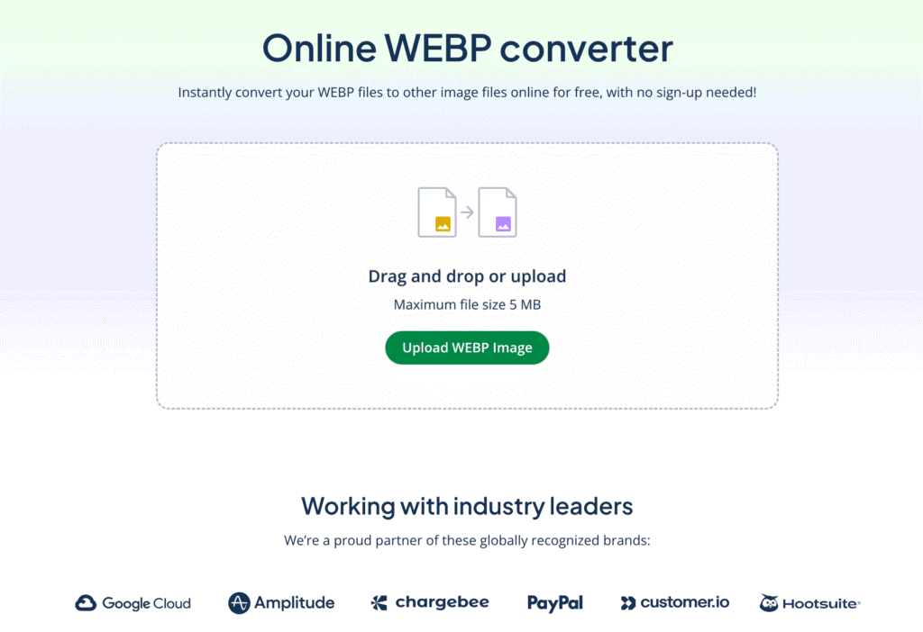 A screenshot of QuillBot's WEBP converter showing how to upload WEBP images