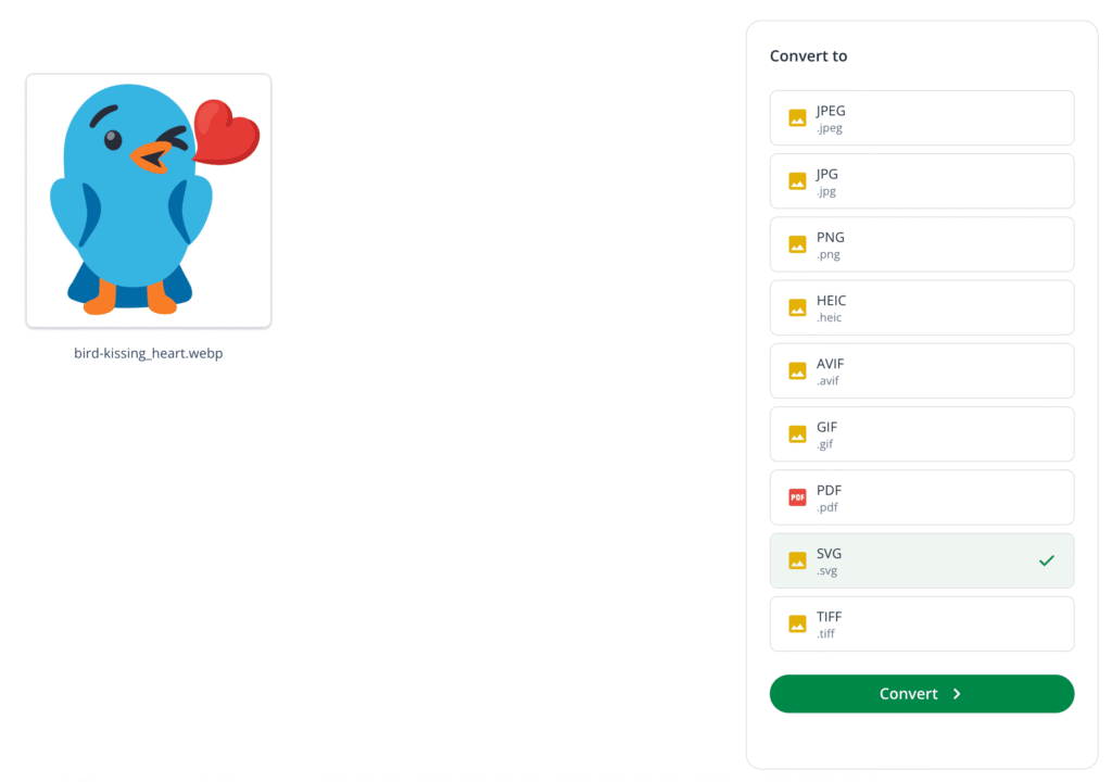 A screenshot of QuillBot's WEBP converter showing how to select the target format