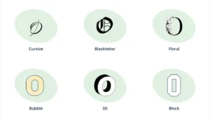 letter O in six different styles, including block, 3D, bubble, floral, blackletter, and cursive letter O