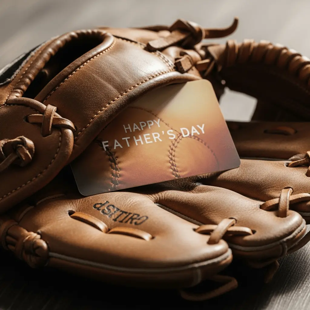 father's day gift card idea of a sporting goods gift card tucked in a baseball mit