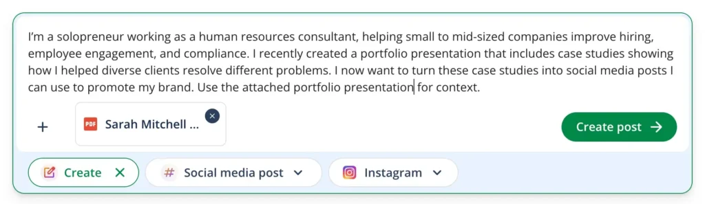 A screenshot of QuillBot being prompted to repurpose a portfolio presentation as a social media post