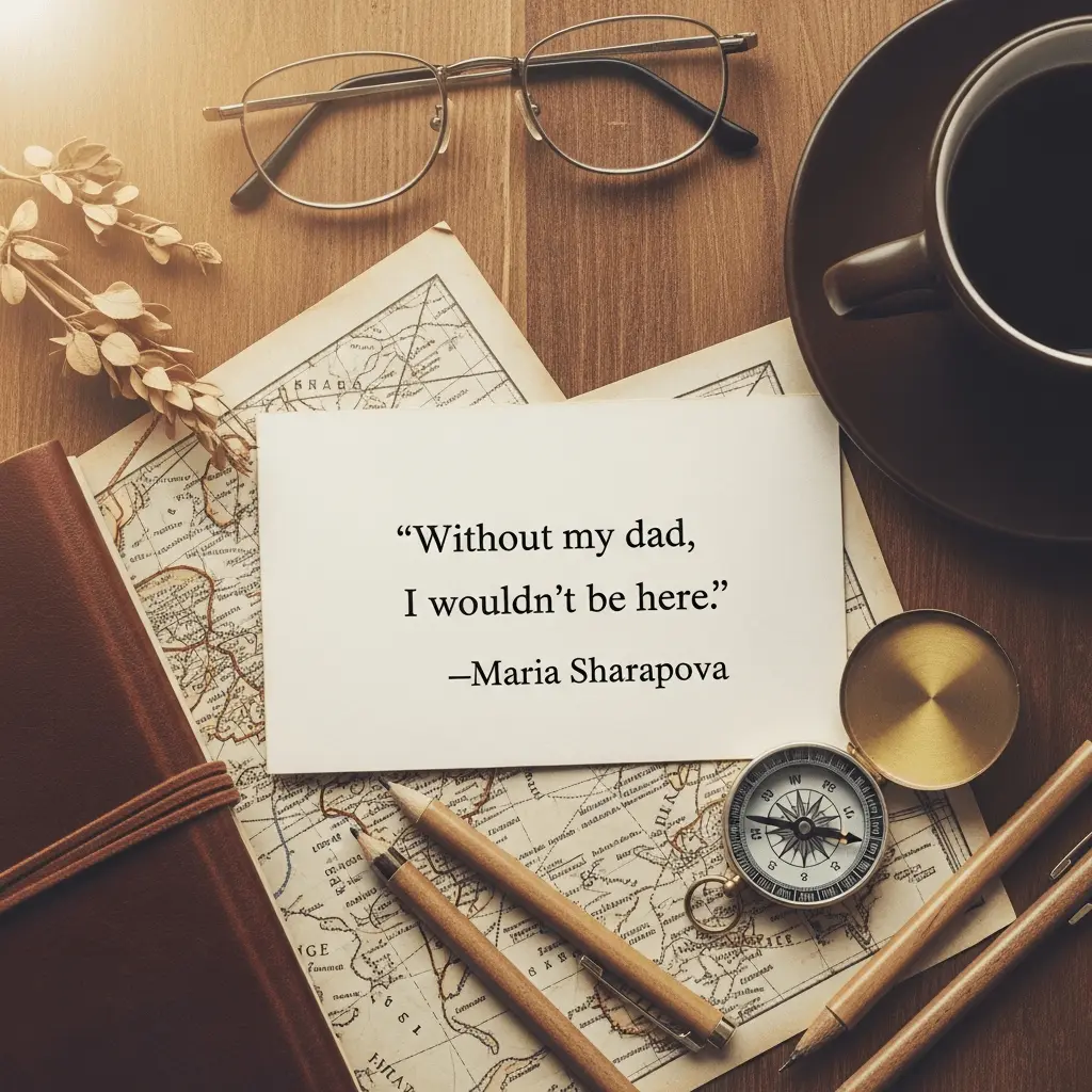 a happy father's day graphic showing a quote by maria sharapova showing a map and glasses