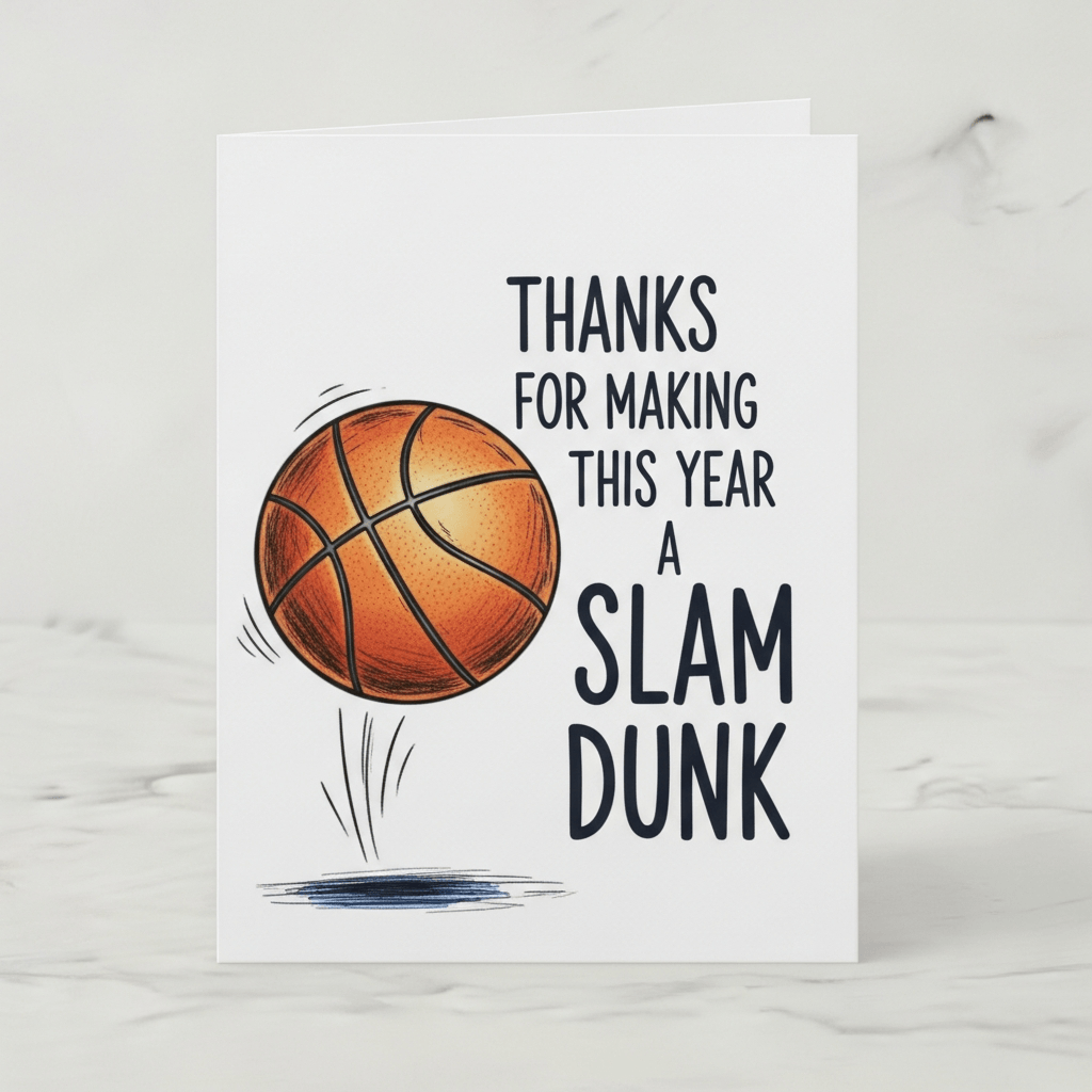 teacher appreciation card with a basketball that says thanks for making this year a slam dunk
