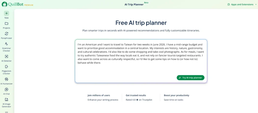 A screenshot of Quillbot's AI Trip Planner showing a user prompt about a trip to Taiwan