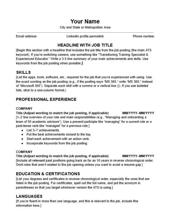 Screenshot of Quillbot's free ATS Resume Template
