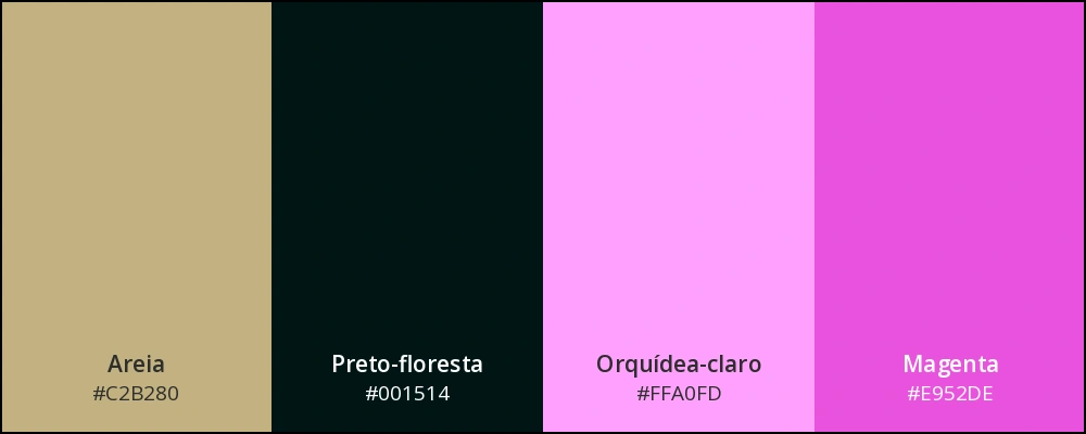 Paleta com as cores: areia, preto-floresta, orquídea-claro e magenta.