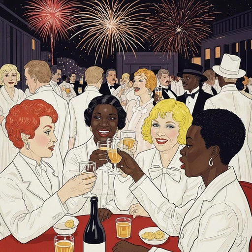 Ilustração em estilo vintage mostrando um grupo diverso de pessoas vestidas de branco celebrando o Ano-Novo com taças erguidas, ao fundo fogos de artifício coloridos no céu noturno.