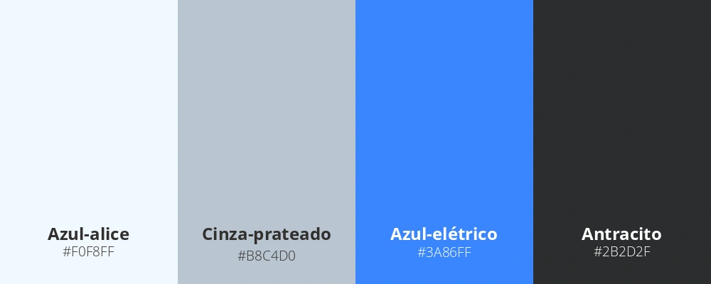 Paleta com quatro cores lado a lado: azul-alice, cinza-prateado, azul-elétrico e antracito.