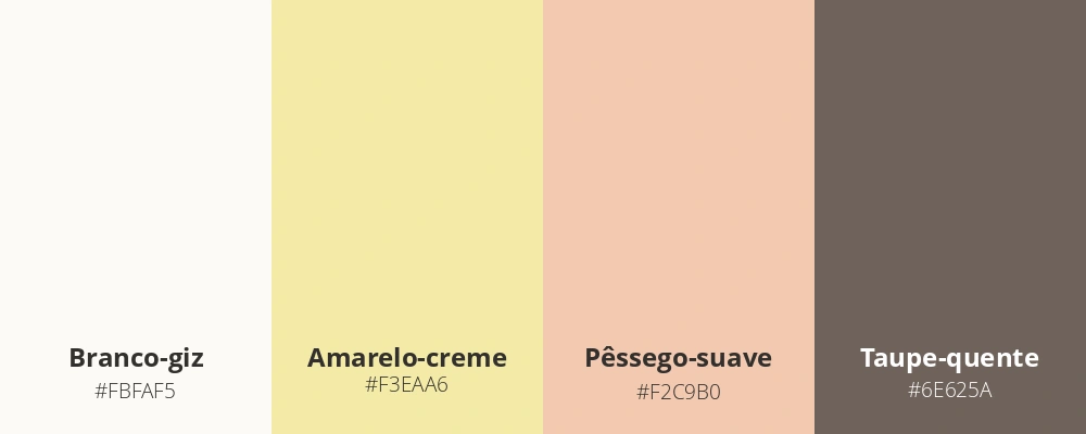 Paleta com quatro cores lado a lado: branco-giz, amarelo-creme, pêssego-suave e taupe-quente.