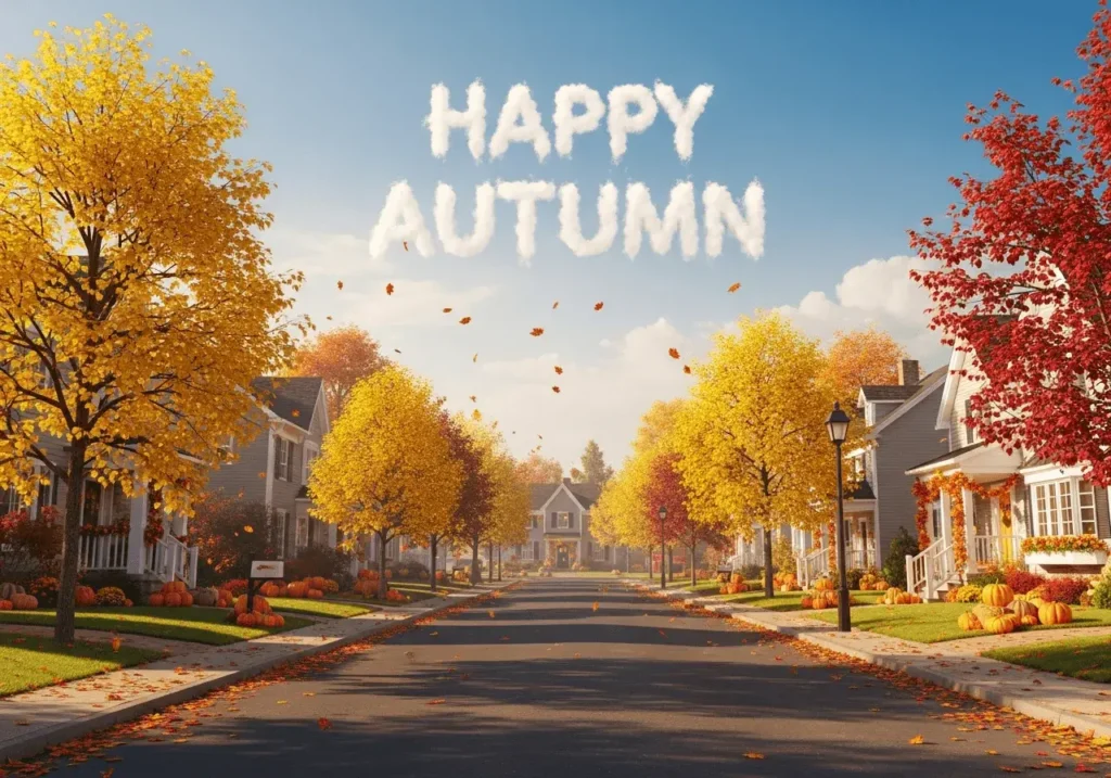 An AI-generated image of a suburban autumn scene with the greeting "Happy Autumn" in clouds