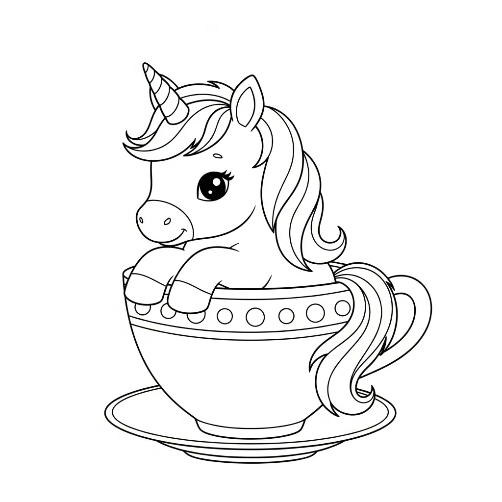 baby unicorn coloring page of a baby unicorn in a teacup