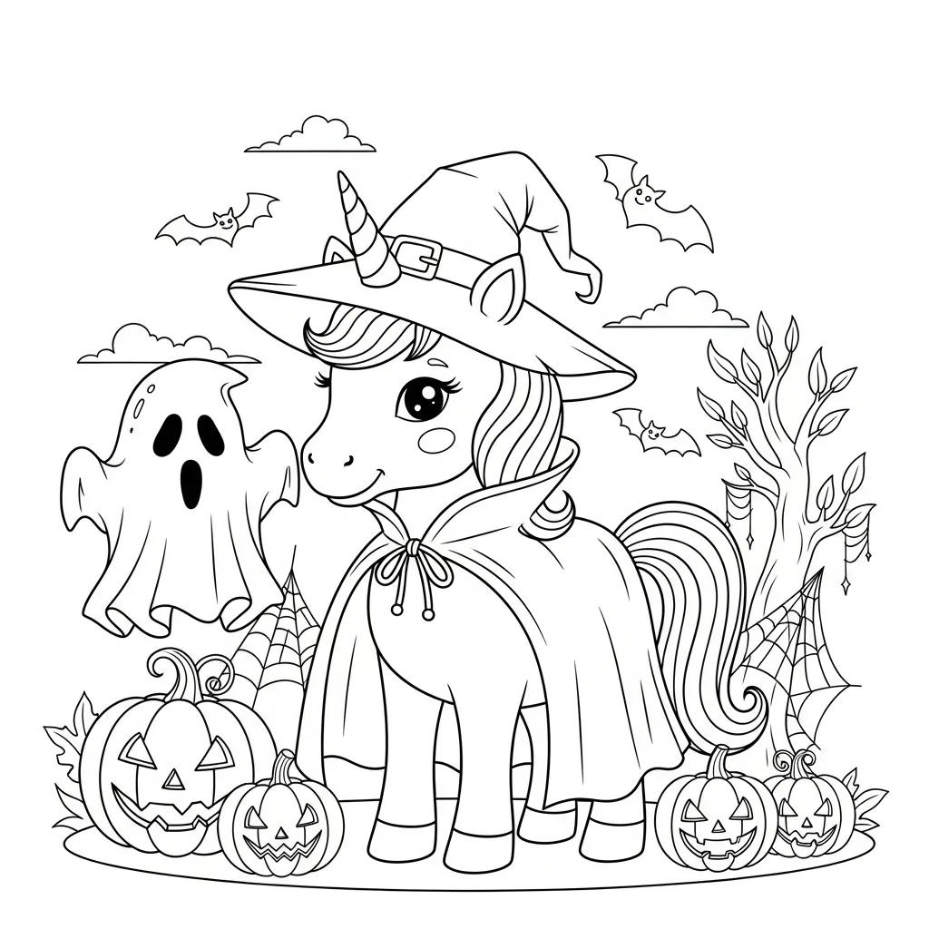 coloring page of a unicorn in a halloween costume