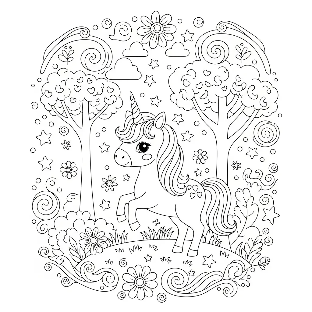 coloring page of a unicorn prancing in a forest