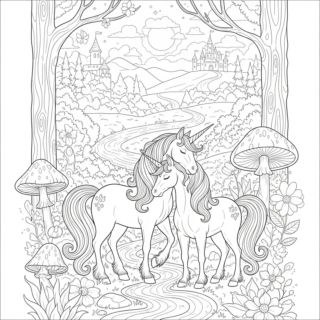 a coloring page of a unicorn couple against a mystical backdrop