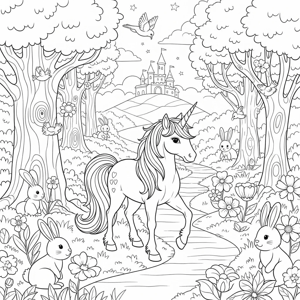 a coloring page of a unicorn in a woodland setting with rabbits, birds, and a castle in the background