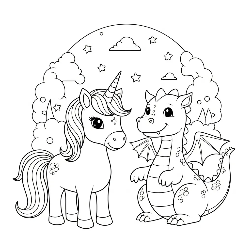 a coloring page with unicorn and dragon