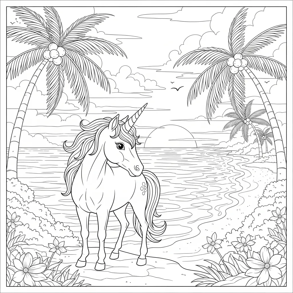 coloring page of a unicorn in an beach landscape