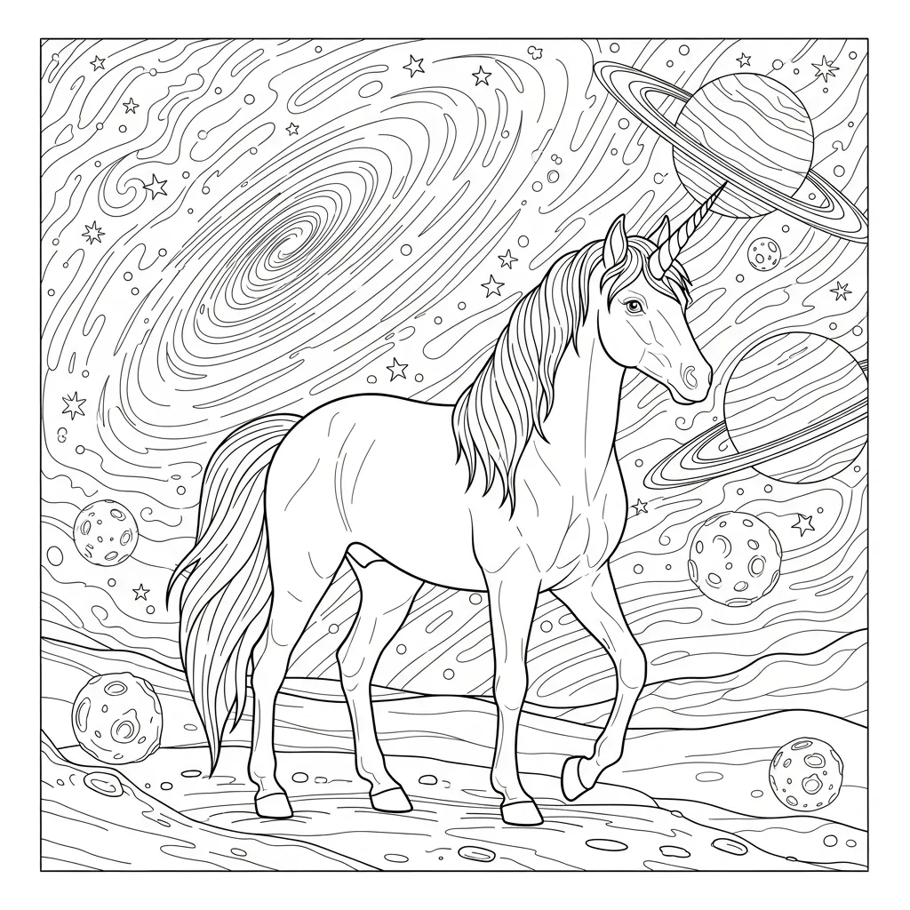coloring page of a unicorn in an space landscape
