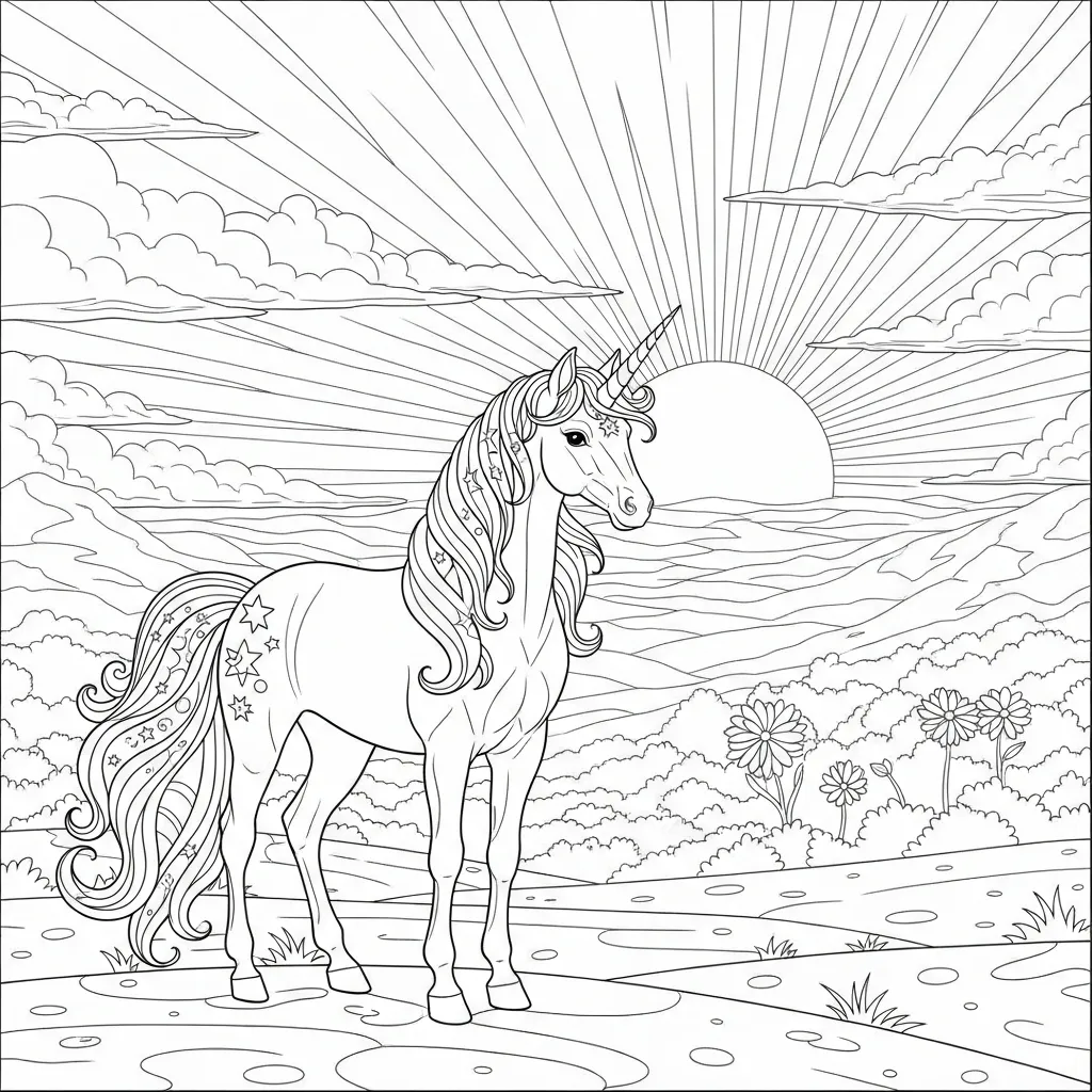 coloring page of a unicorn in an sunset landscape