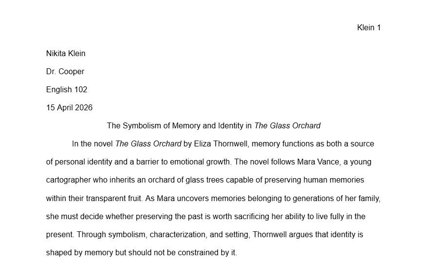 Page 1 of an MLA format essay with a running head, document header, title, and first-line indent