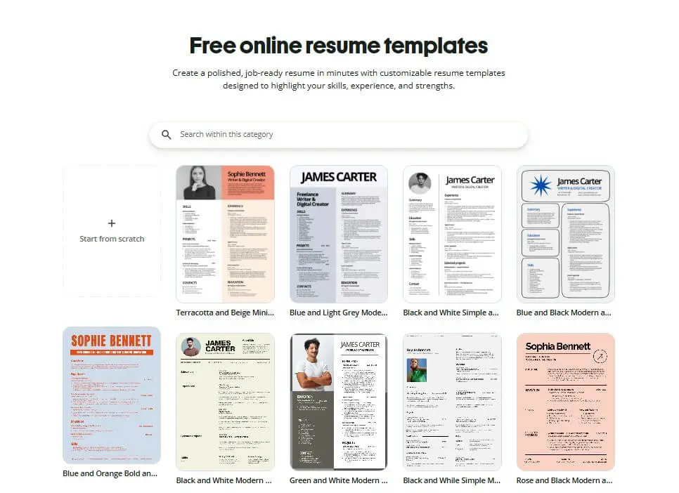Screenshot of nine of the resume design templates on Quillbot's creation ecosystem