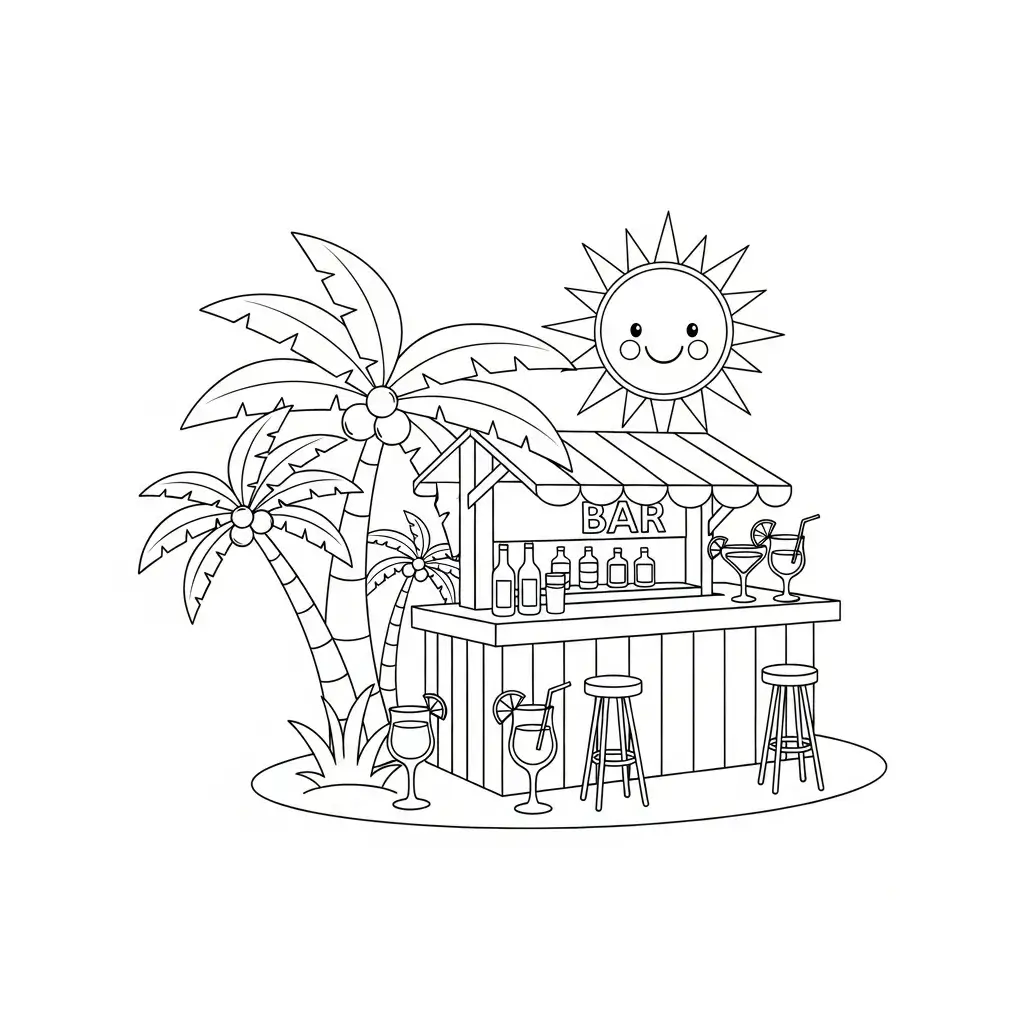coloriage plage bar et palmiers