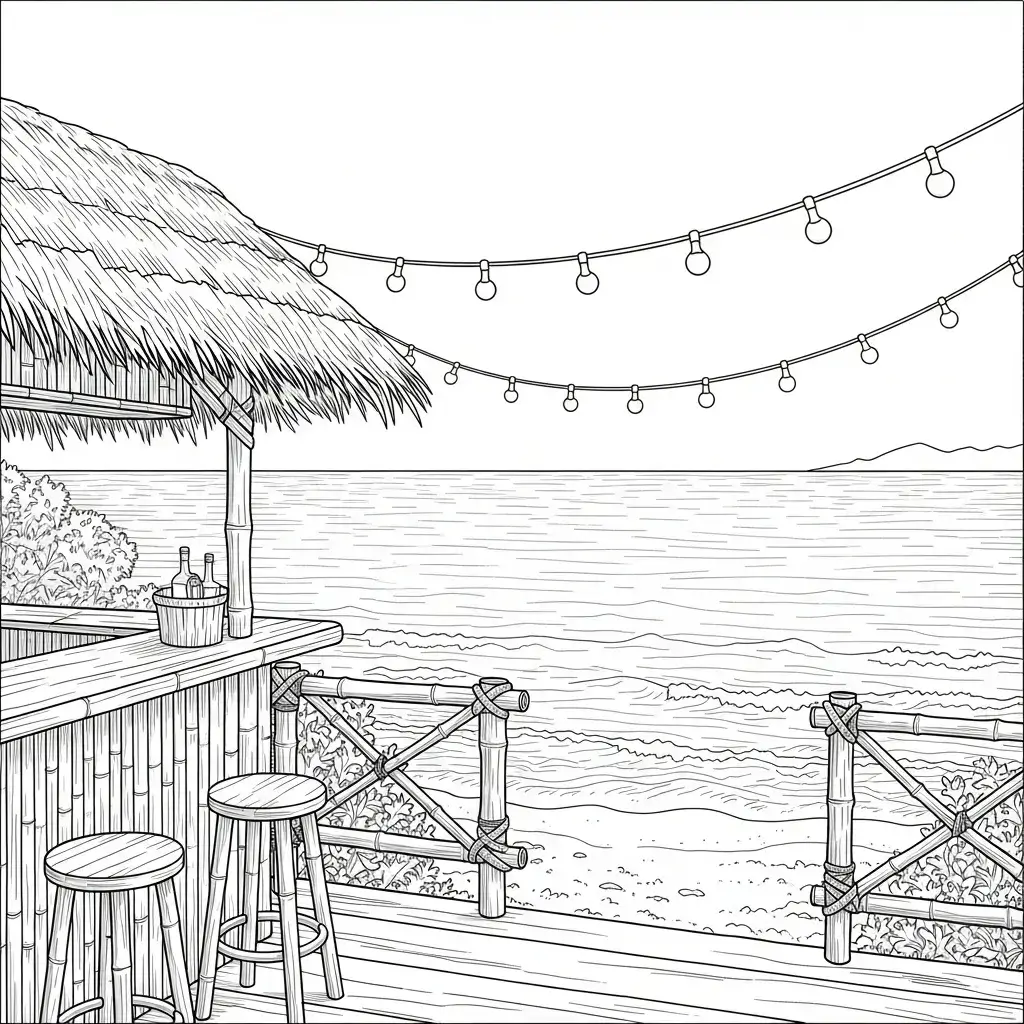 coloriage plage bar lampions