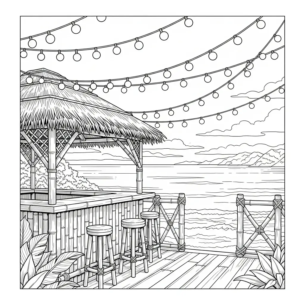 coloriage plage bar plage et lampions