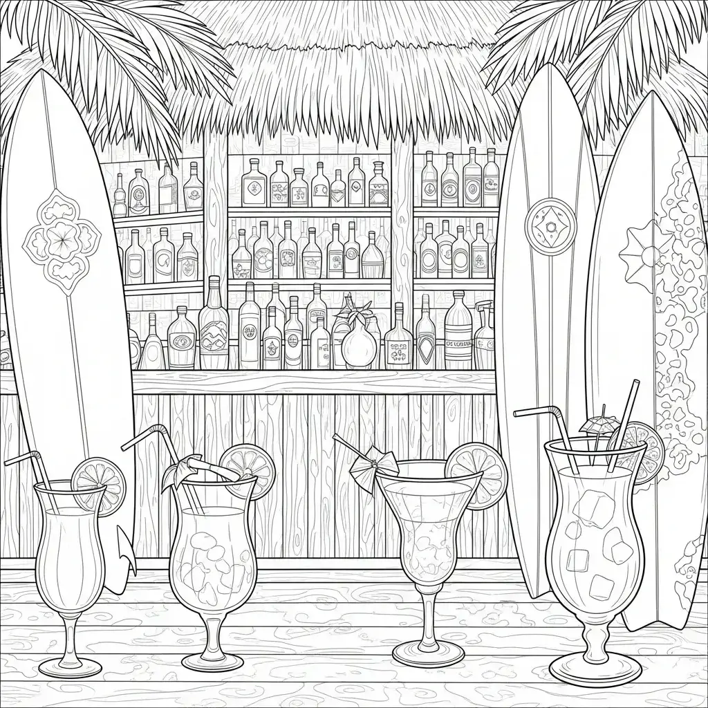 coloriage plage bar surf