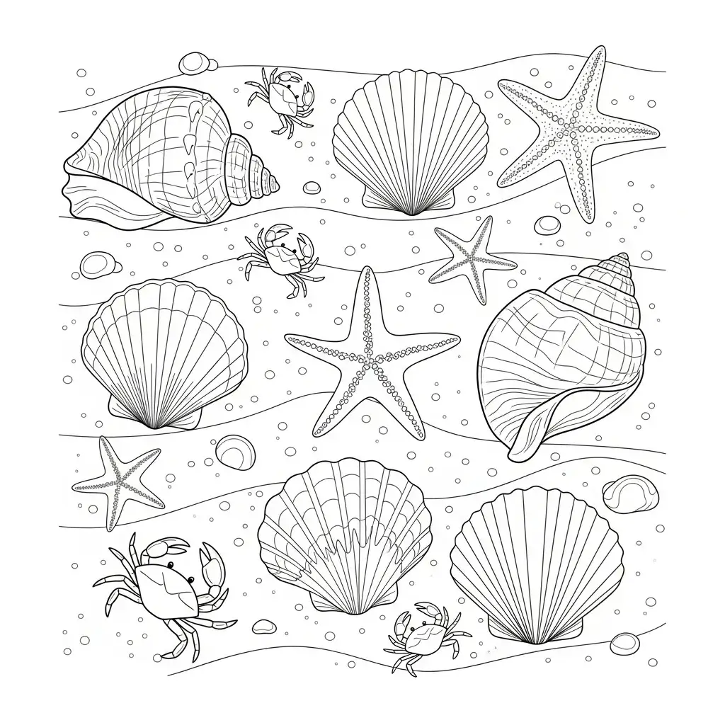 coloriage plage plusieurs coquillages