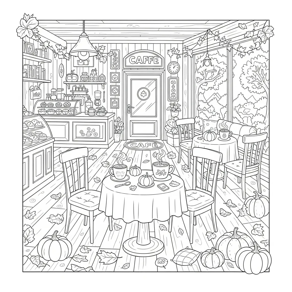 coloring page of a cute fall themed cafe