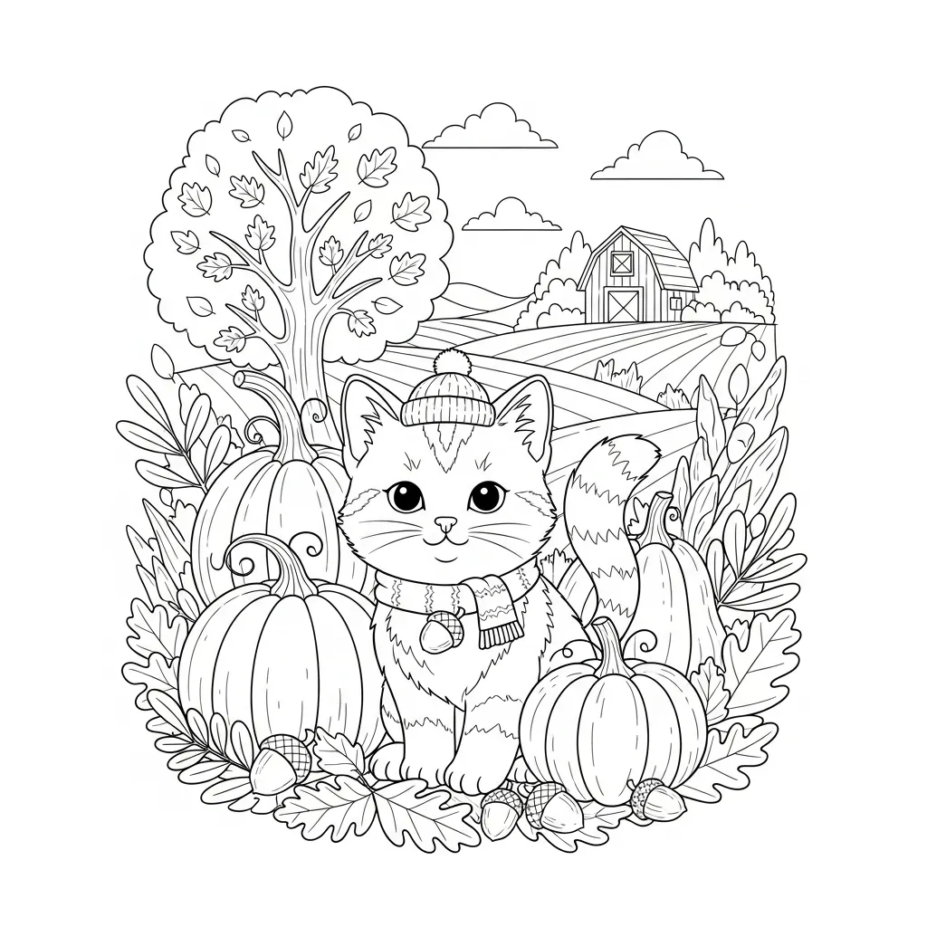 coloring page of a cute cat in a scarf sitting in a pumpkin patch