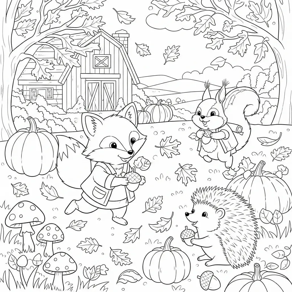 cute coloring page of woodland creatures frollicking in the fall foliage
