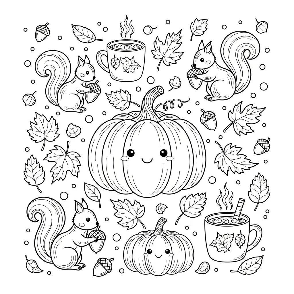 cute fall coloring page of squirrels with acorns and cartoon pumpkins